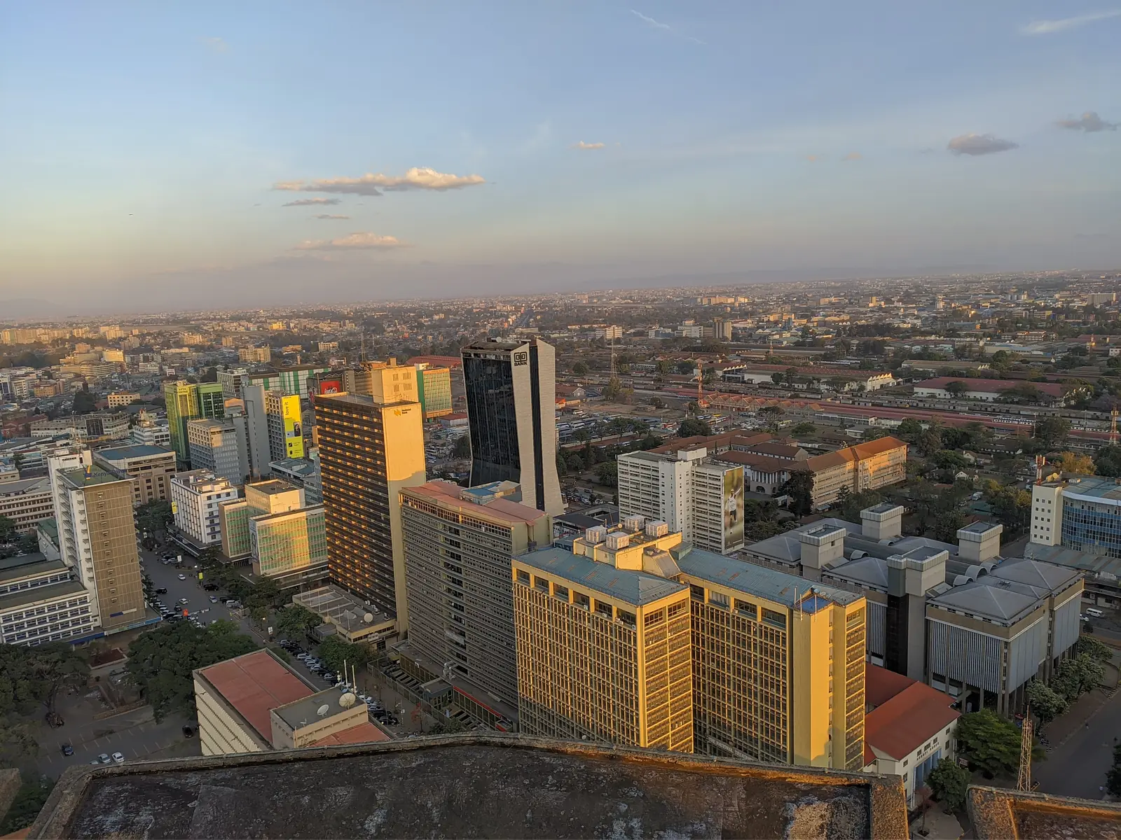 Aerial view of the Nairobi city centre at golden hour from the KICC rooftop